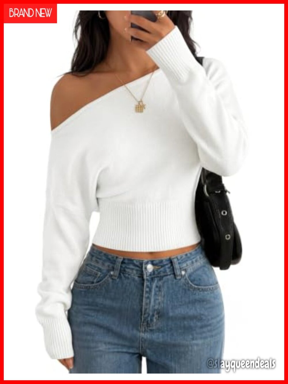 Off Shoulder Cinched Waist Cropped Sweater Lightweight Ribbed Knit Puff Sleeve
